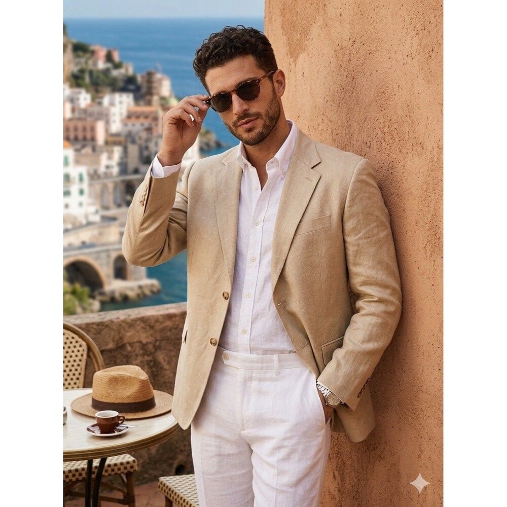 Perry Ellis Mens Blazer 42R Beige Linen Blend Surgeon’s Cuffs Lightweight Casual